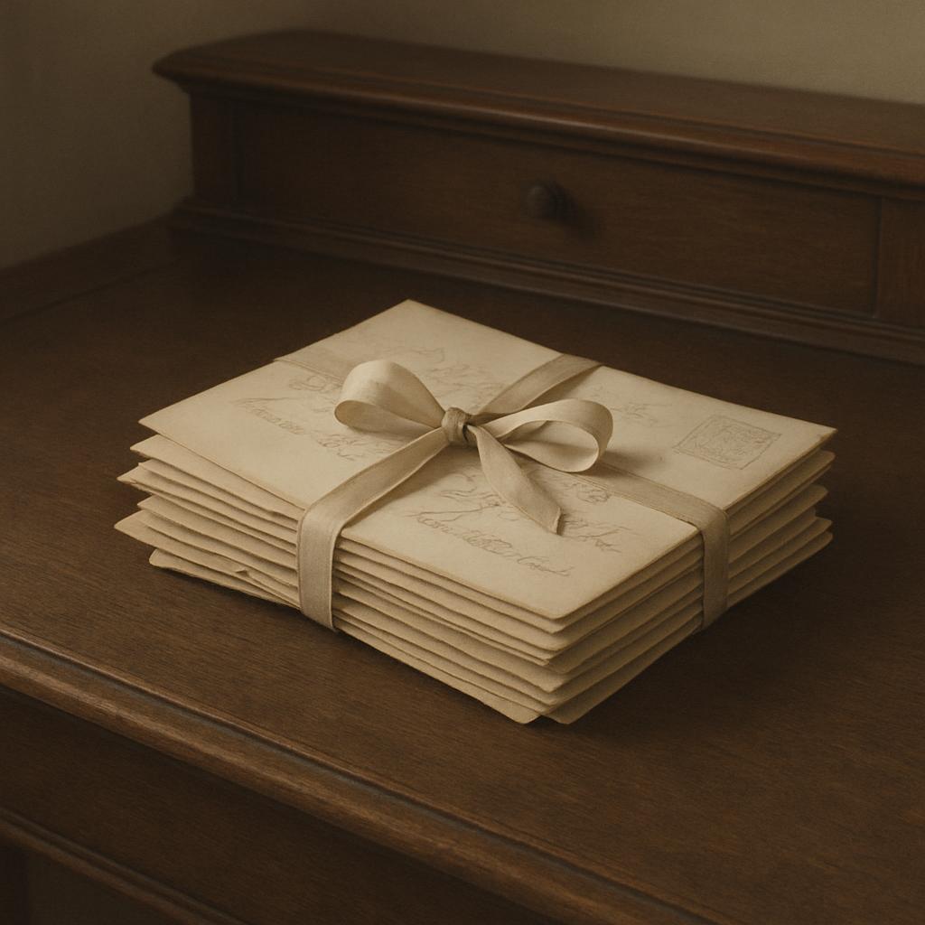 A stack of vintage-style letters or letters tied with a ribbon on a wooden desk, possibly for display or as a decorative p...